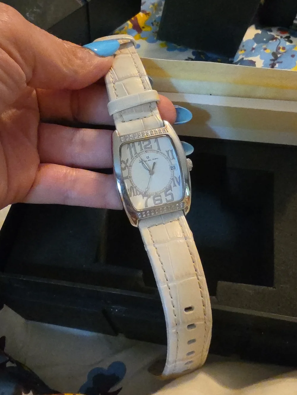 White Leather Strap Watch with Crystal Accent - Unbranded